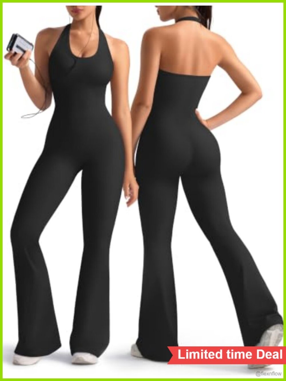 Flare Workout Jumpsuit Halter Neck One Piece Unitard 31/33 Inseam Sleeveless